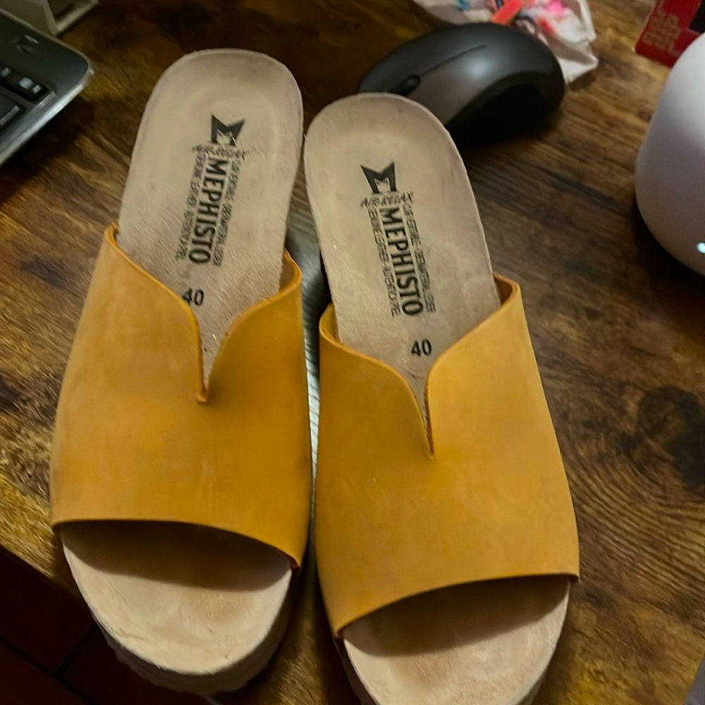 Mephisto slip on wedge heels. Like new. Leather upper. Size 9